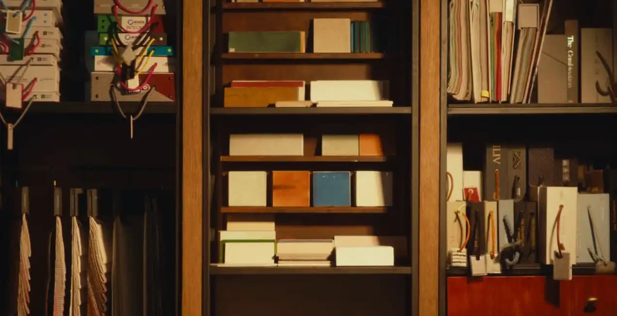 Material library shelves with fabric, tile, and finish samples