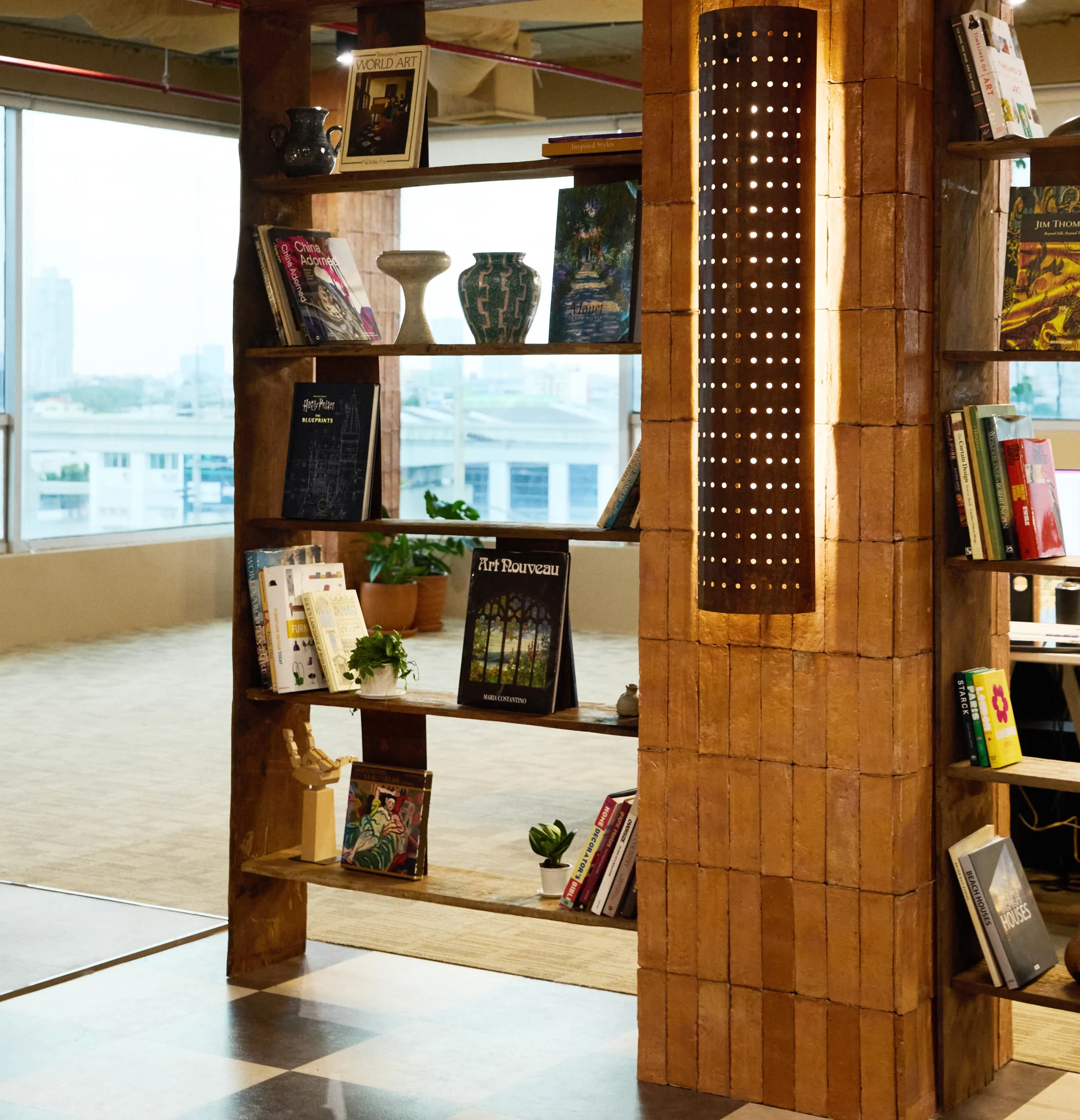 Bookshelf pillar detail with lamp fixture