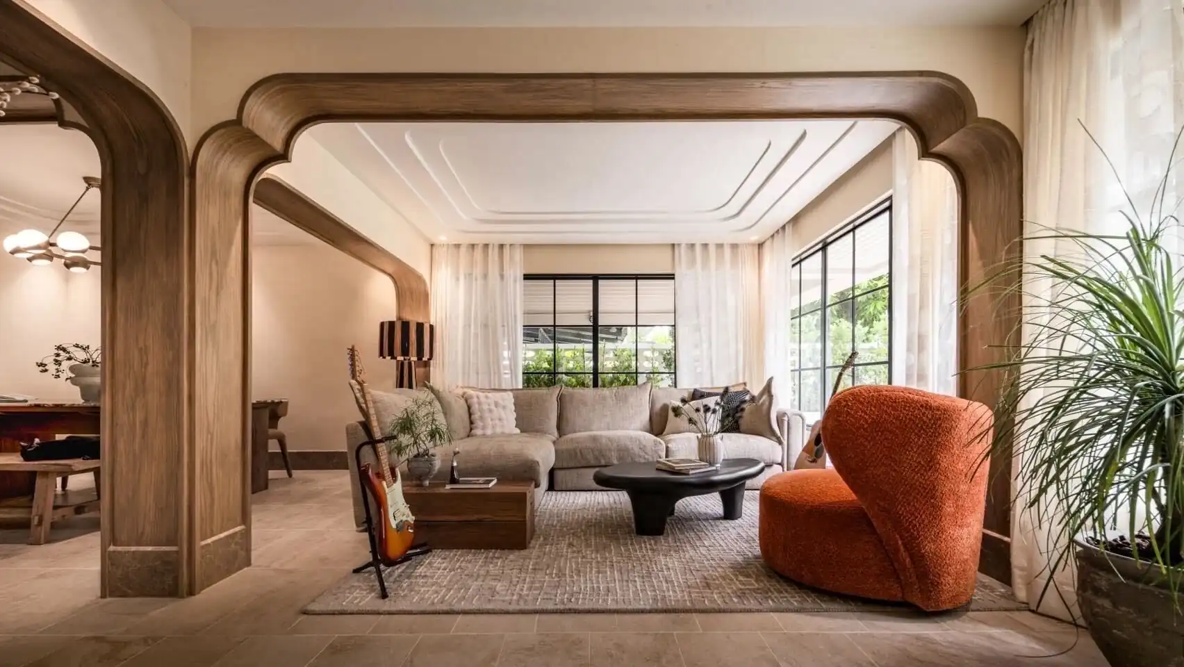 LIVING ROOM — ARCHED OAK PORTALS & CUSTOM SEATING