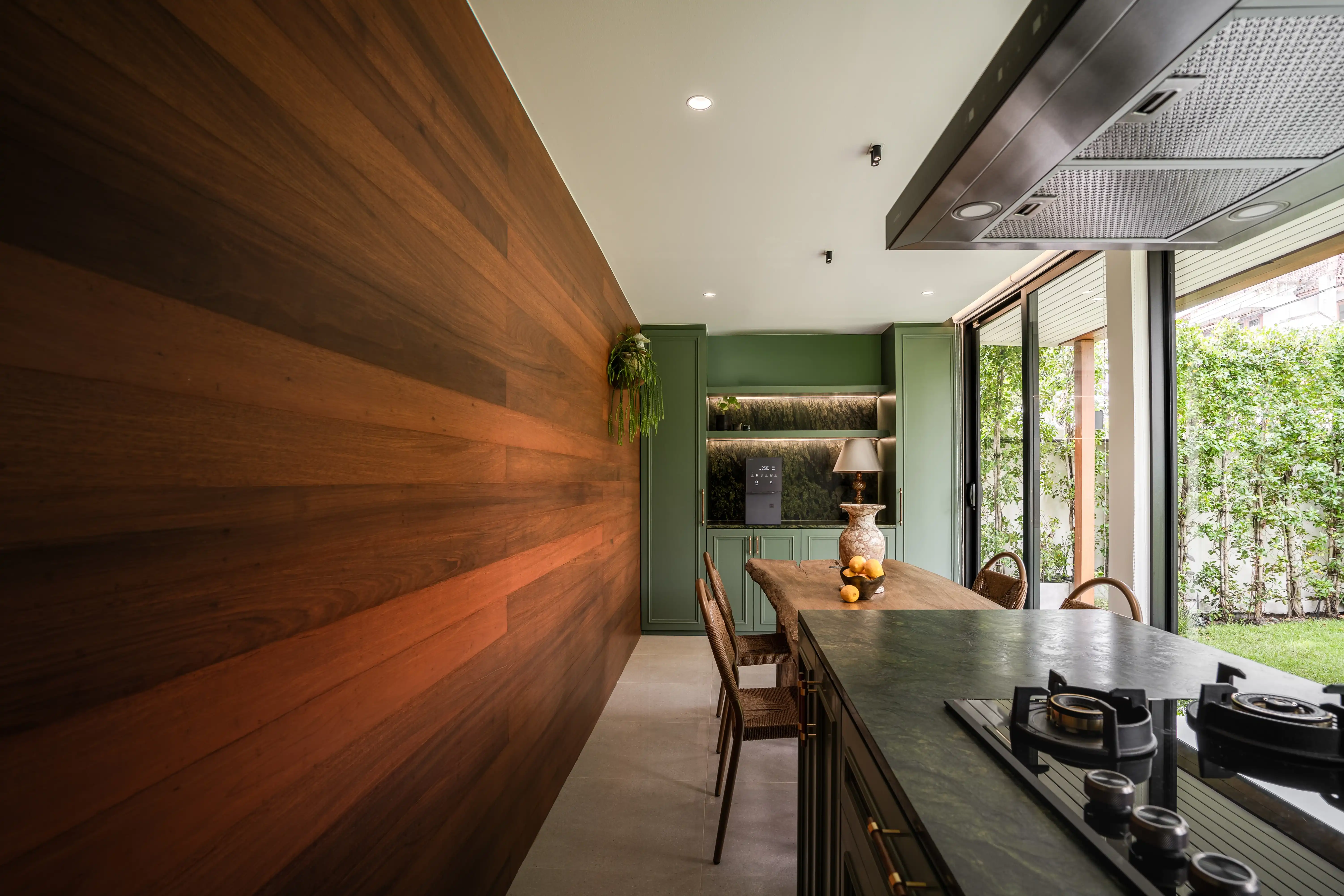 KITCHEN — RECLAIMED WOOD WALL & GREEN CABINETRY