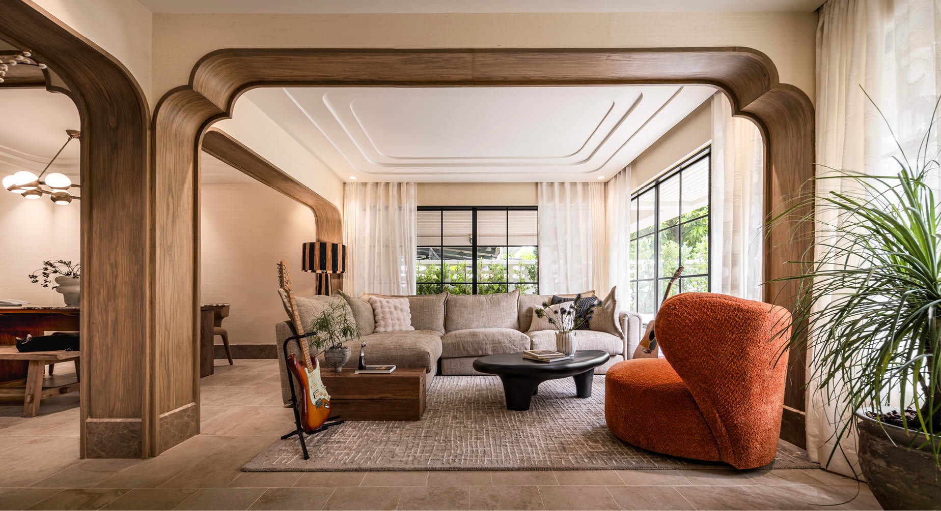 LIVING ROOM · ARCHED OAK PORTALS & GARDEN VIEWS