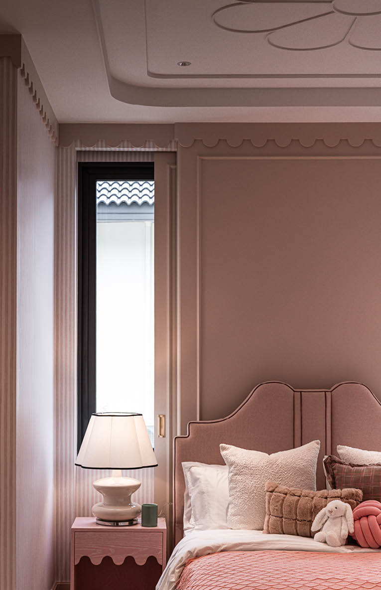 Pastel daughter bedroom with detailed plaster moulding