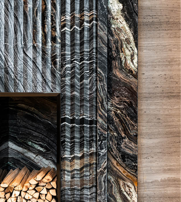 Book-matched craft marble fireplace detail