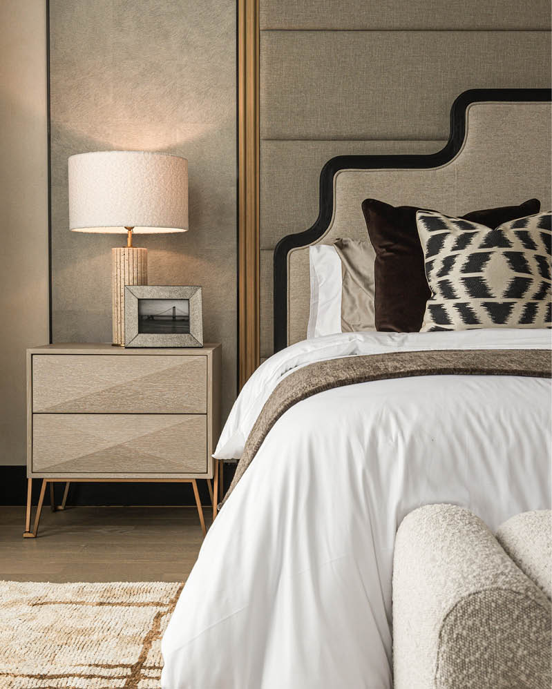 Master bedroom bedside and sculptural headboard detail