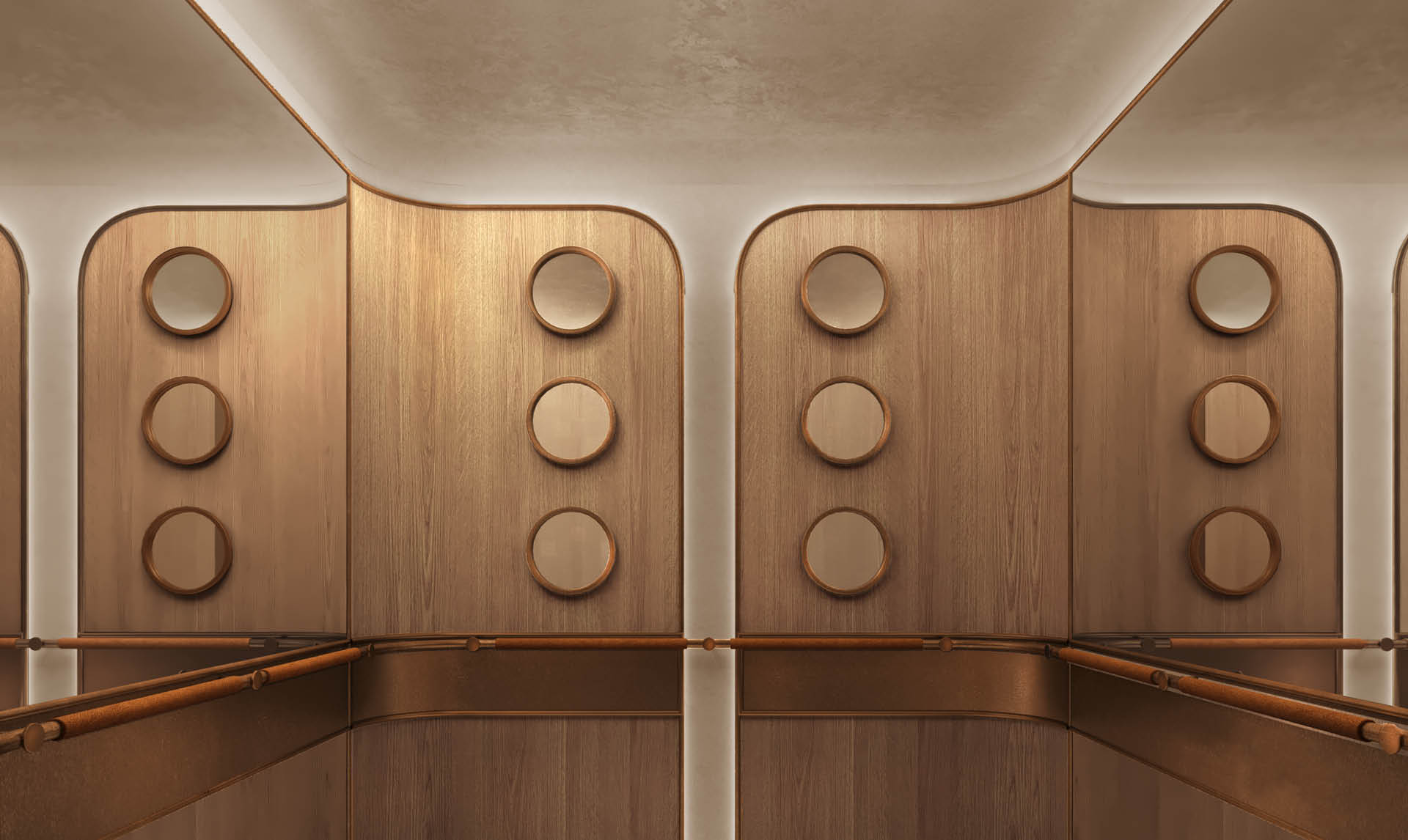 Warm oak private lift car designed as the entrance to The Submarine