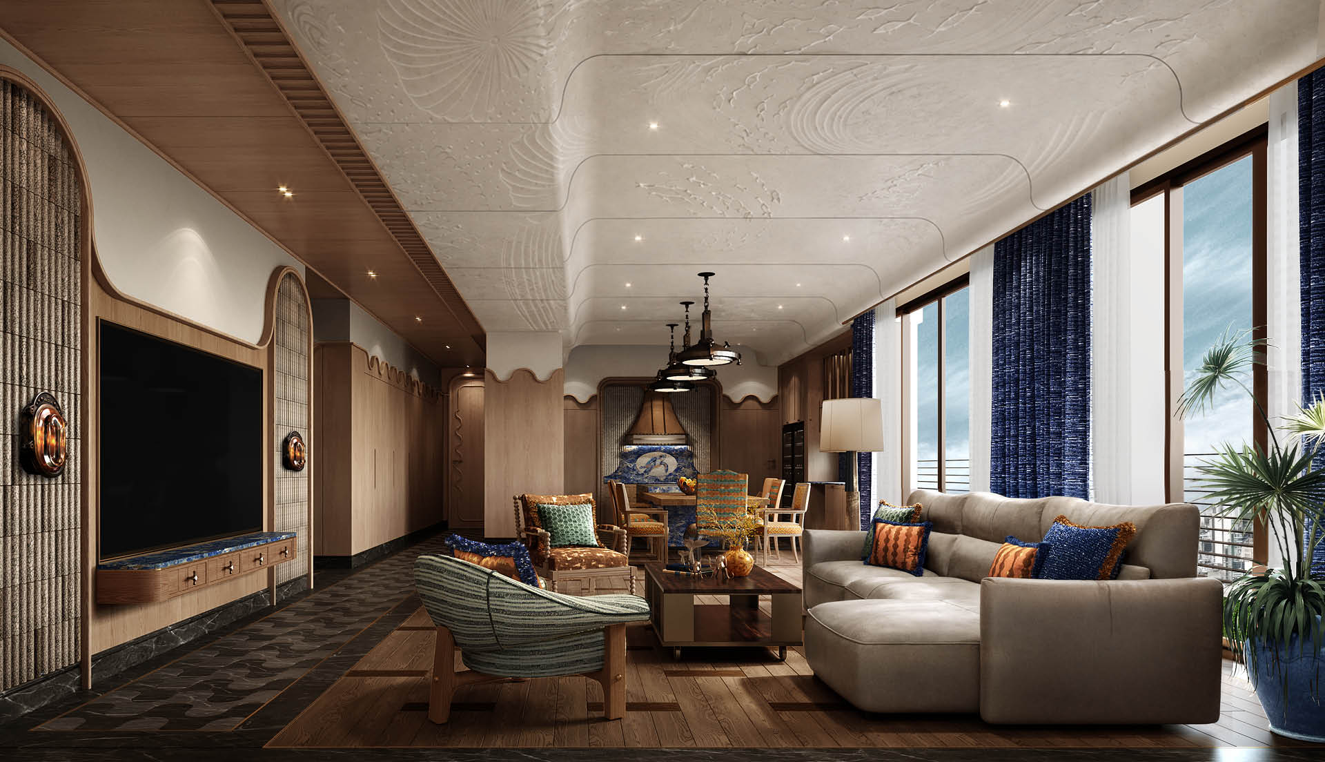Living and reception area with wave-like plaster ceiling and ocean-blue details