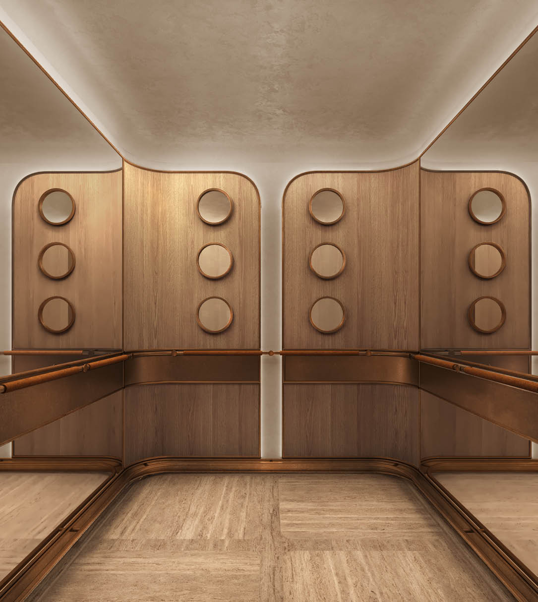 Private lift car with oak porthole panels and brass rails