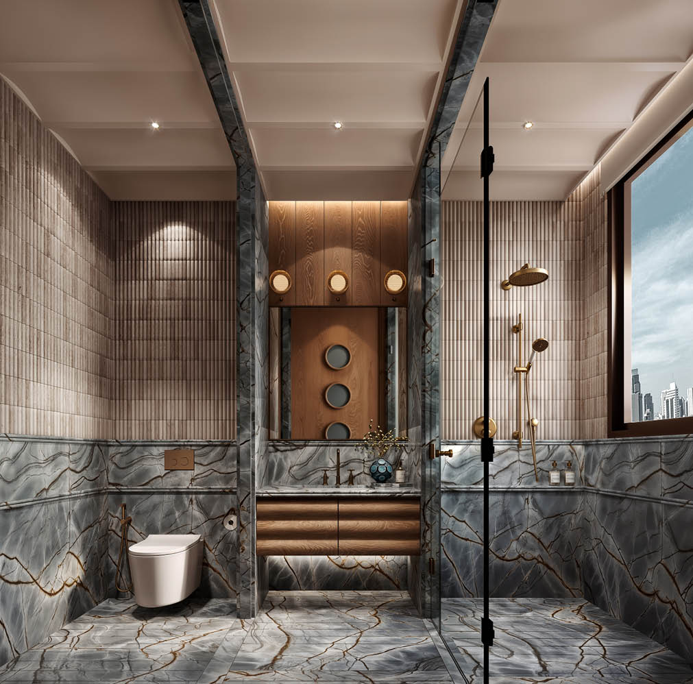 Blue-grey marble bathroom with brass fittings and porthole details