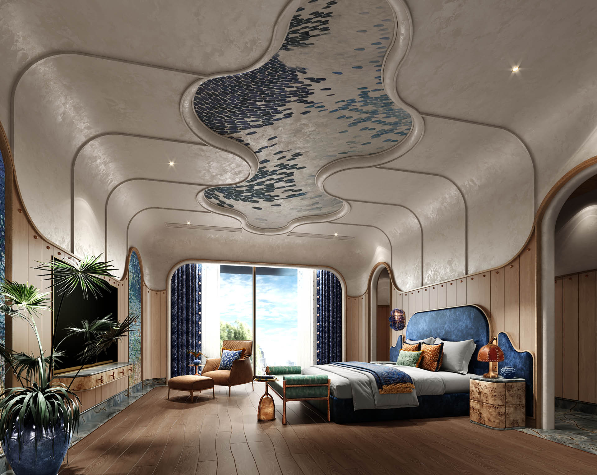 Master bedroom with an organic fish-scale ceiling and deep blue headboard