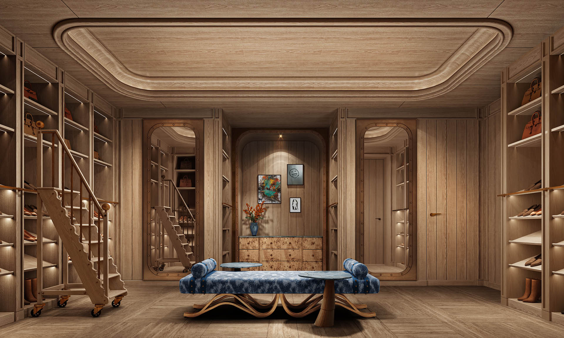 Two-storey shoes and bags room with a timber library ladder