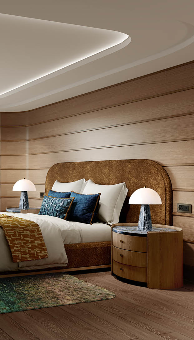 Guestroom with curved timber panelling and ocean-blue textiles