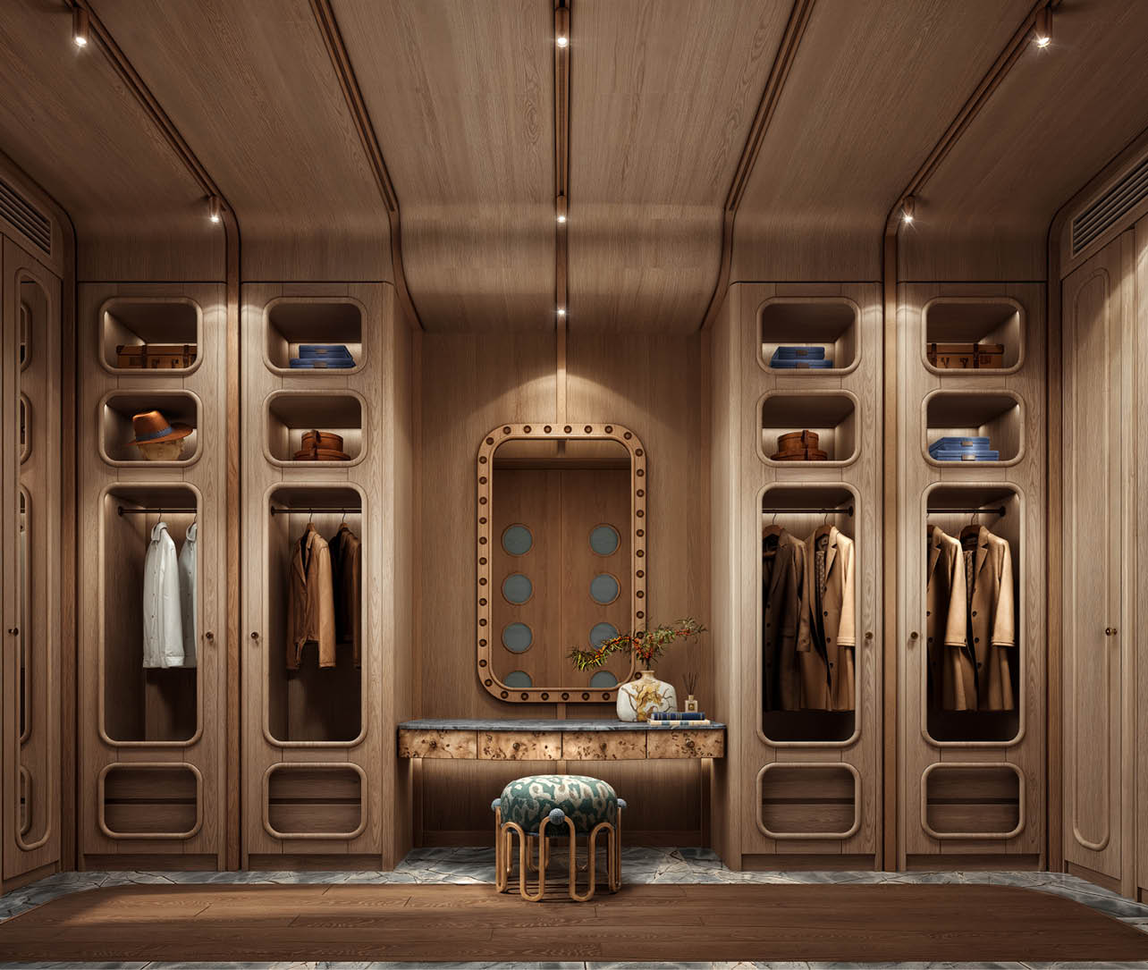 Master walk-in closet with porthole mirror and illuminated oak storage